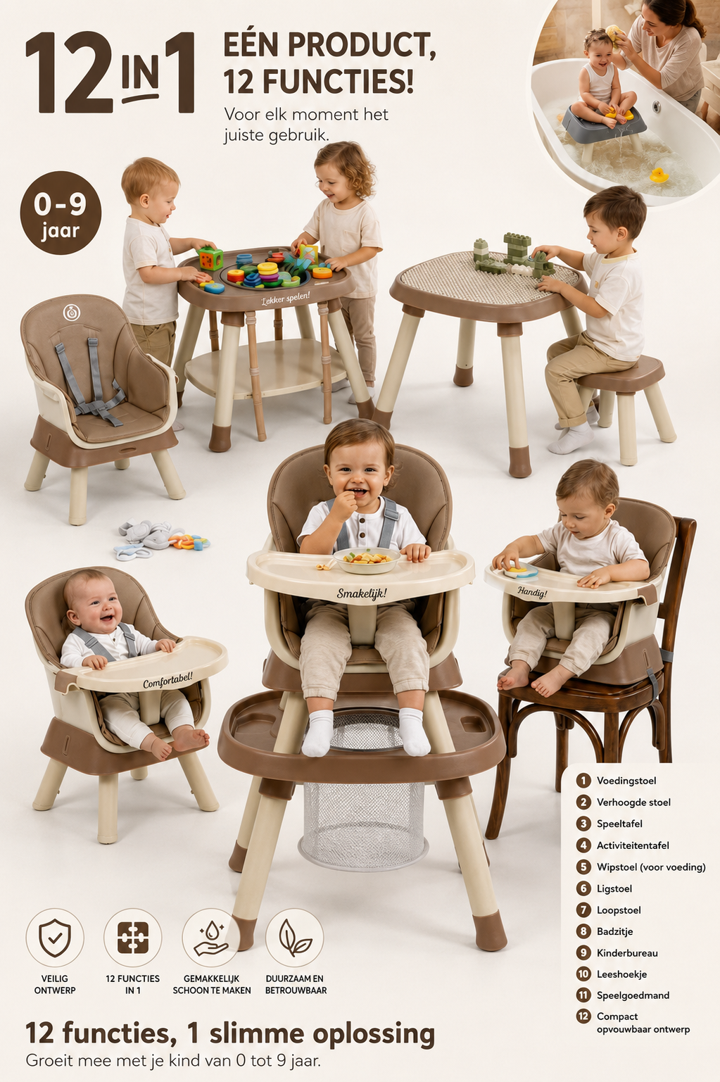 Yummy 12-in-1 Kinderstoel Beige/Camel – Multifunctioneel met Speelblad & Werktafel