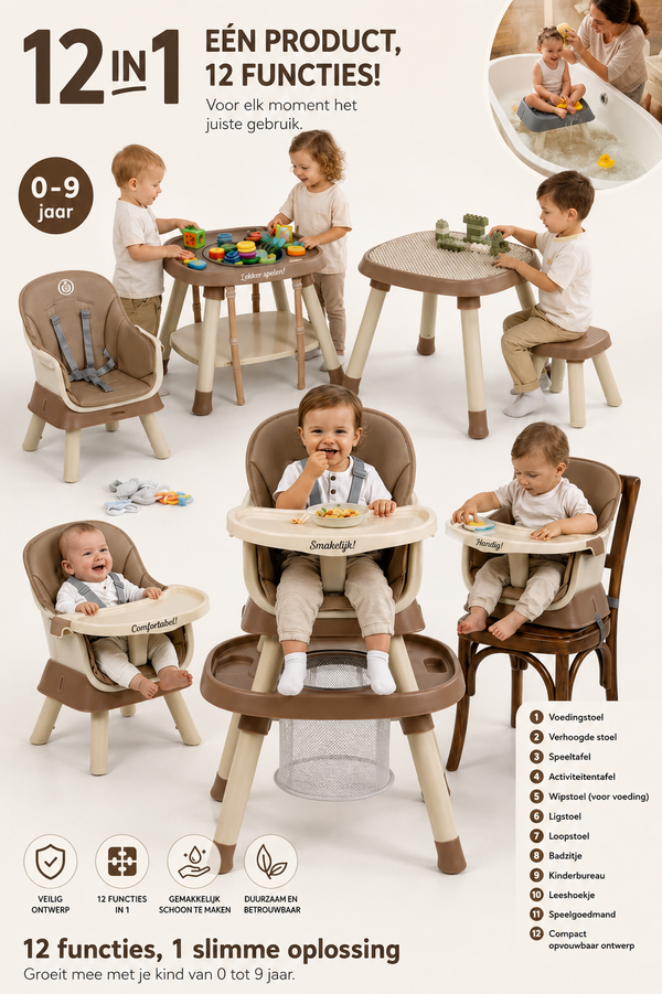 Yummy 12-in-1 Kinderstoel Beige/Camel – Multifunctioneel met Speelblad & Werktafel