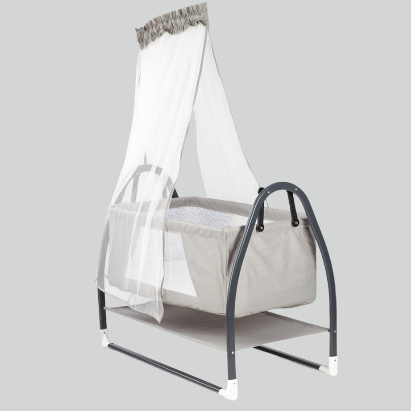 Koza Co-Sleeper Babywieg met Schommelfunctie, Opbergmand & Tule – 50 × 100 cm – Grijs