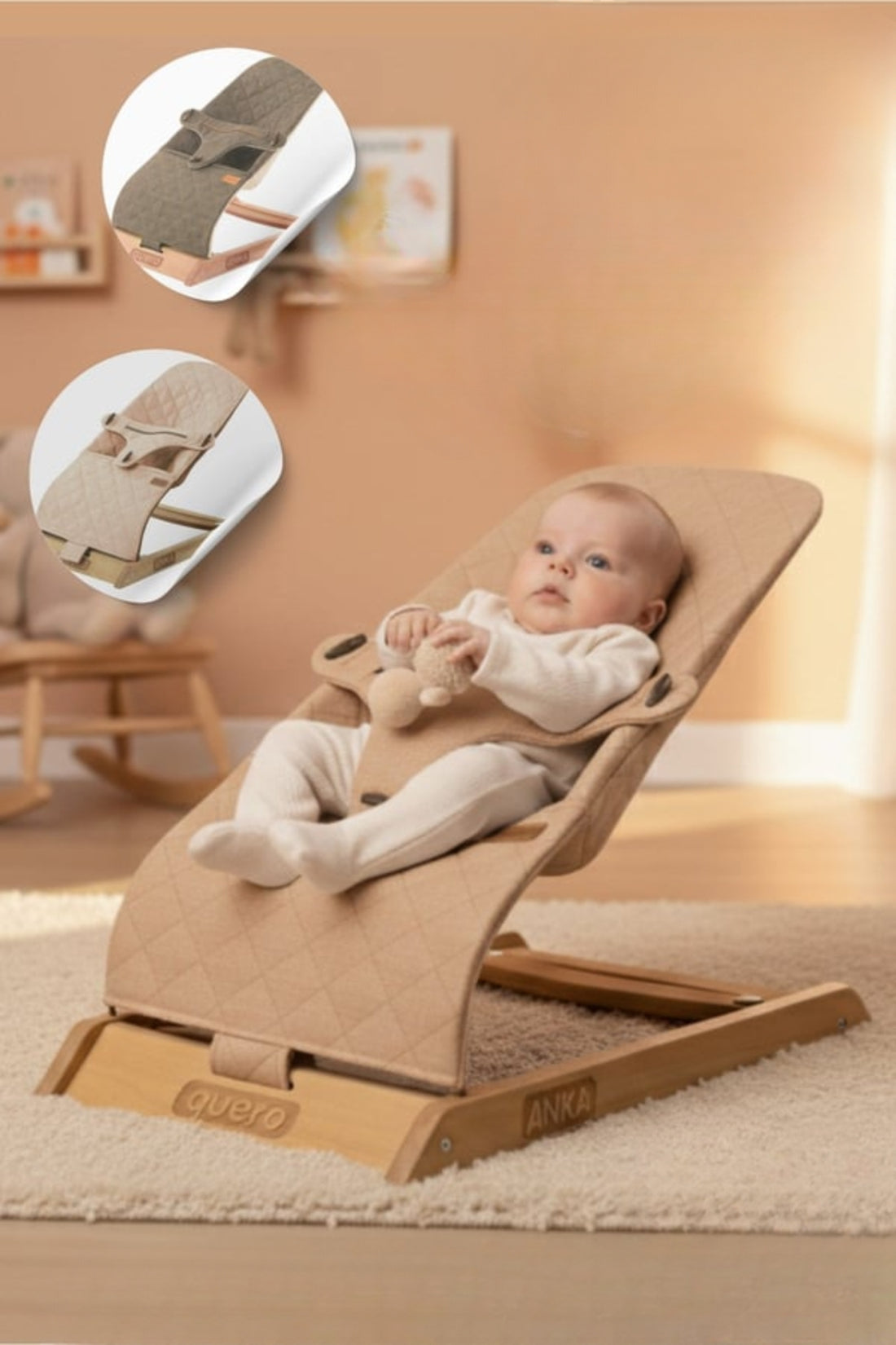 Anka Houten Babywip met Dubbele Schommelfunctie – Veerfunctie & Omkeerbare Bekleding – Multicolor
