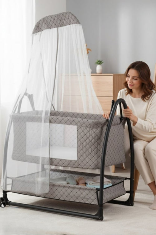 Viona Co-Sleeper Babywieg met Hemel, Klamboe, Schommelfunctie & Wielen – Grijs