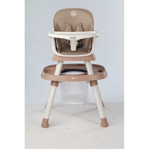 Yummy 12-in-1 Kinderstoel Beige/Camel – Multifunctioneel met Speelblad & Werktafel